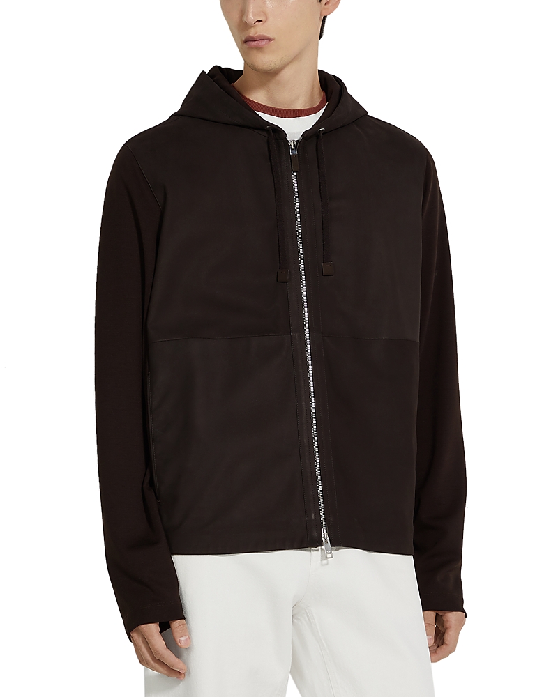 Shop Zegna Zip Front Fleece Hoodie In Dark Brown