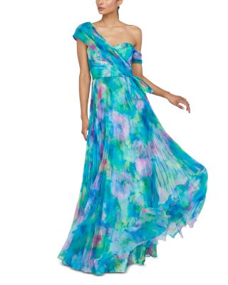 Davina Printed Pleated Asymmetric Gown