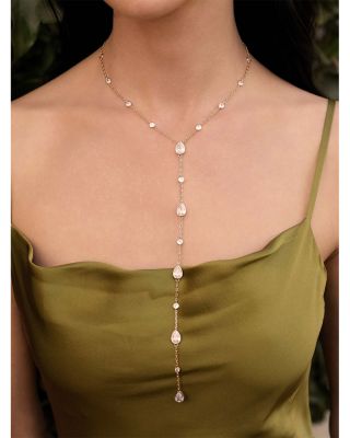 Mixed Cubic Zirconia Lariat Necklace in 18K Gold Plated, 15"-18" 