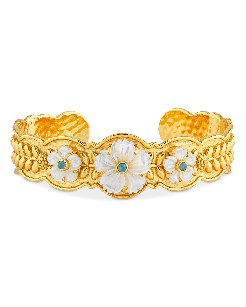 Capucine De Wulf Villandry Dyed Jade & Mother Of Pearl Fleur Scalloped Cuff Bracelet In 18k Gold Plated In Gold