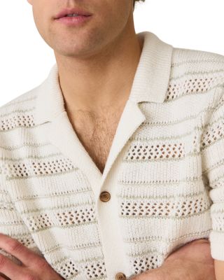 Open Knit Striped Short Sleeve Button Up