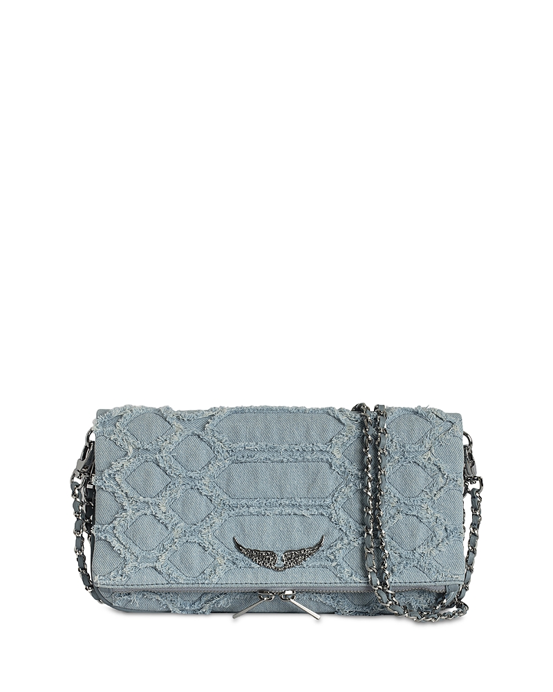 Zadig & Voltaire Rock Fringed Denim Breeze Crossbody Clutch In Breeze
