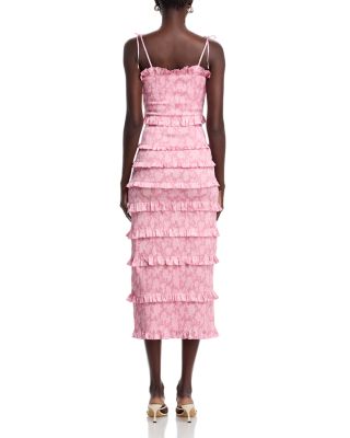 Lily Smocked Floral Print Ruffle Trim Midi Dress