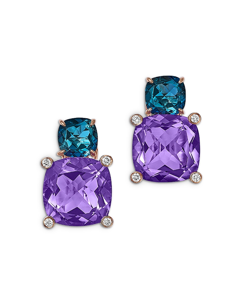Bloomingdale's Fine Collection Amethyst, London Blue Topaz & Diamond Cushion Cut Earrings In 14k Rose Gold