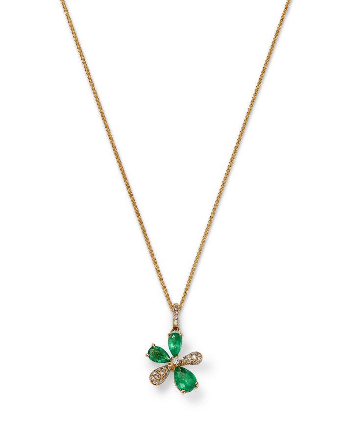 Emerald & Diamond Flower Pendant Necklace in 14K Yellow Gold, 18"