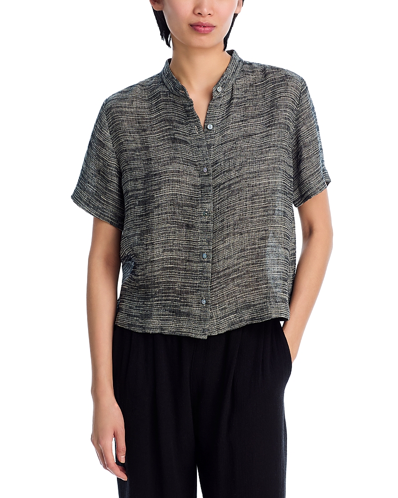 Eileen Fisher Short Sleeve Organic Linen Blend Button-up Shirt In Black/natural