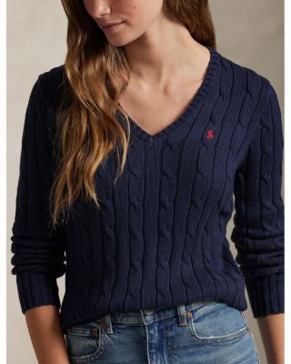 Women's Cable Knit Cotton V Neck Sweater