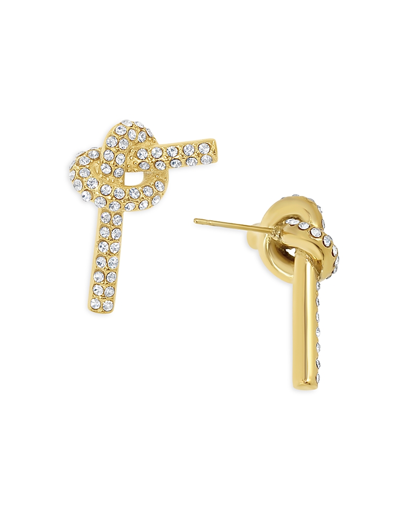 Jackie Mack Designs Pave Knot Drop Earrings In 18k Gold Plated Stainless Steel In Gold