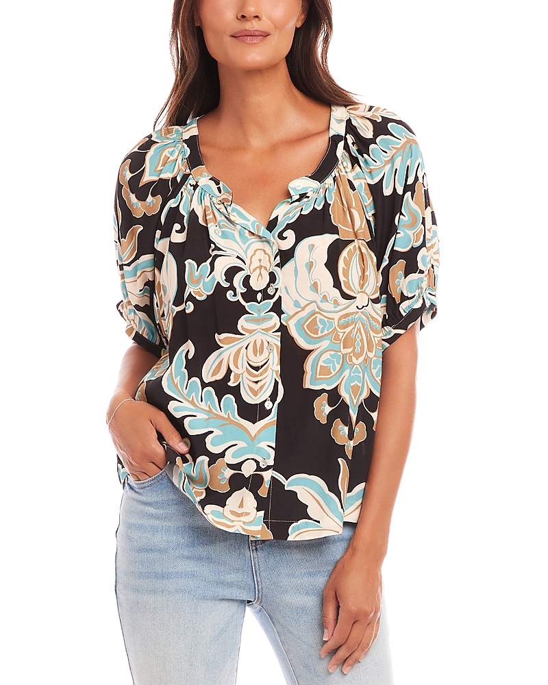 Karen Kane Short Puff Sleeve Button Front Peasant Top In Floral Print In Print