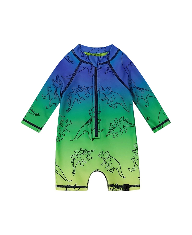 Deux Par Deux Little Boy's Printed Long Sleeve One-piece Rashguard Vibrant Blue And Green Dino In Vibrant Blue And Green Dino