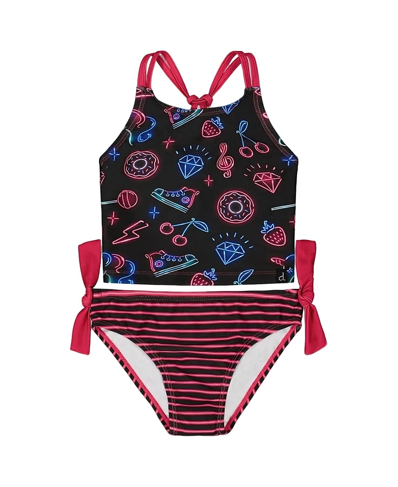 Deux Par Deux Girl's Printed Two-piece Swimsuit Black And Blue And Pink Items In Black And Blue And Pink Items