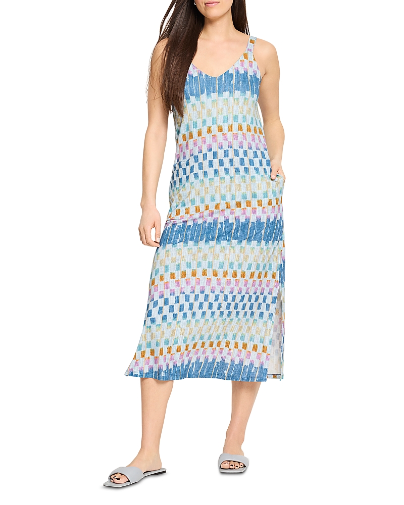 Nzt By Nic+zoe Painted Blocks V-neck Cotton Blend Dress In Blue Multi