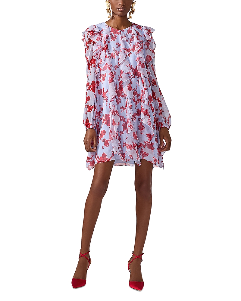 Carolina Herrera Floral Print Long Sleeve Tiered Ruffle Silk Chiffon Minidress In Celeste Multi