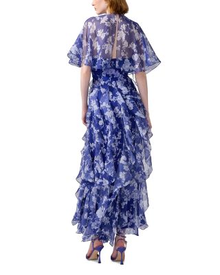 Silk Short Sleeve Tie Cape Ruffle Dress