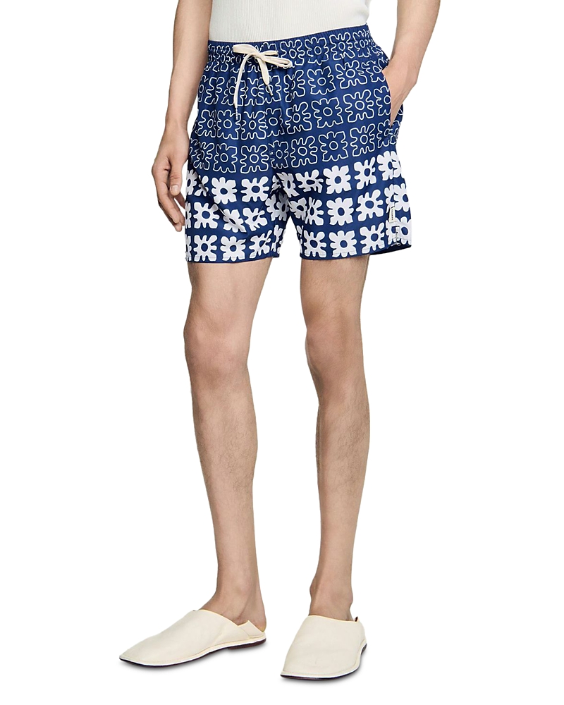Sandro Mens Bleus Floral Graphic-print Straight-leg Swim Trunks In Midnight Blue