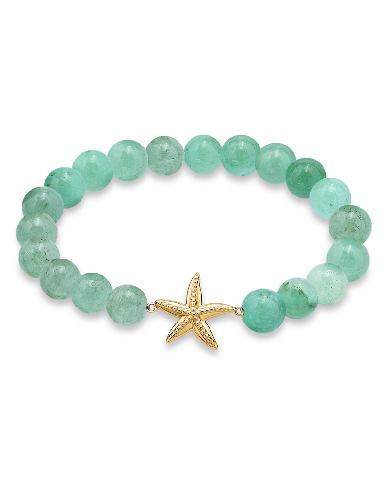 Aqua Starfish Charm Gemstone Beaded Stretch Bracelet In 18k Gold Plated Sterling Silver - Exclusive
