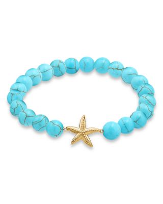 AQUA - Starfish Charm Gemstone Beaded Stretch Bracelet in 18K Gold Plated Sterling Silver - Exclusive