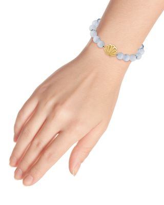 Clam Shell Charm Gemstone Beaded Stretch Bracelet in 18K Gold Plated Sterling Silver - Exclusive