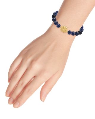 Clam Shell Charm Gemstone Beaded Stretch Bracelet in 18K Gold Plated Sterling Silver - Exclusive