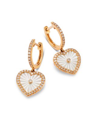 Mother of Pearl & Diamond Heart Drop Earrings in 14K Yellow Gold