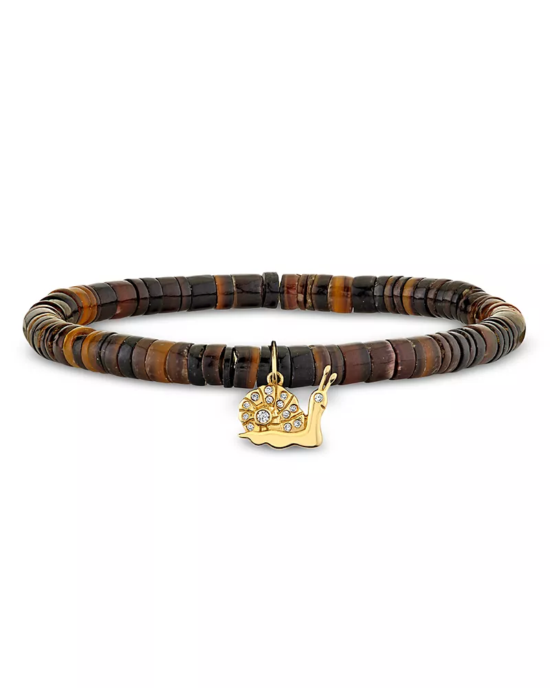 Sydney Evan 14K Yellow Gold Dark Brown Heishi & Diamond Snail Charm Beaded Stretch Bracelet