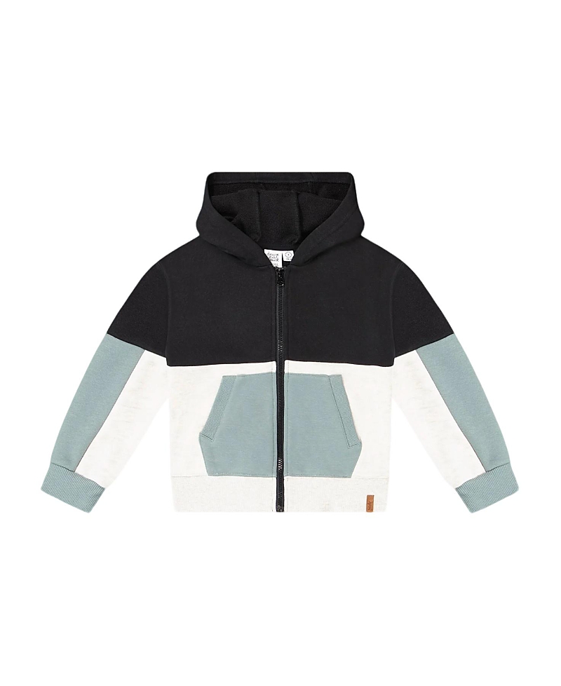 Deux Par Deux Little Boy's French Terry Color Block Full Zip Hoodie Cardigan Sweatshirt Black, Teal In Black/teal And Shimmer