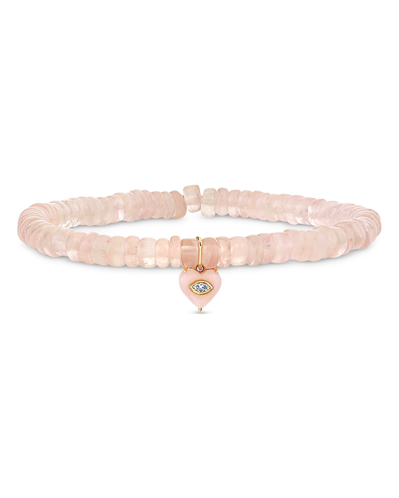 Sydney Evan 14k Yellow Gold Pink Opal & Diamond Evil Eye Heart Charm Beaded Stretch Bracelet In Pink/gold