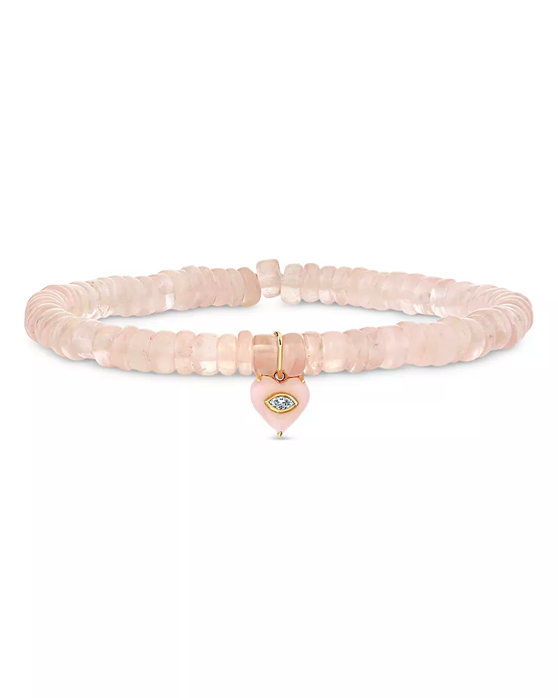 Sydney Evan 14K Yellow Gold Pink Opal & Diamond Evil Eye Heart Charm Beaded Stretch Bracelet