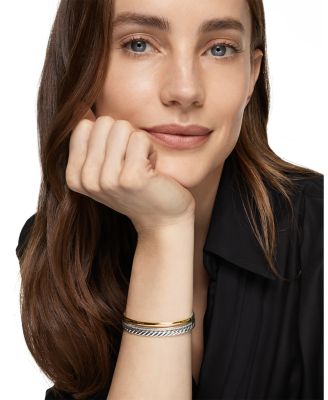 DY Mercer Three Row Cuff Bracelet in Sterling Silver with 18K Yellow Gold and Diamonds, 10mm