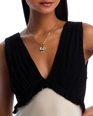 Blue Sapphire & Black & White Diamond Evil Eye, Hamsa, and Star of David Charm Necklace with a Paperclip Chain in 14K Yellow Gold, 18"