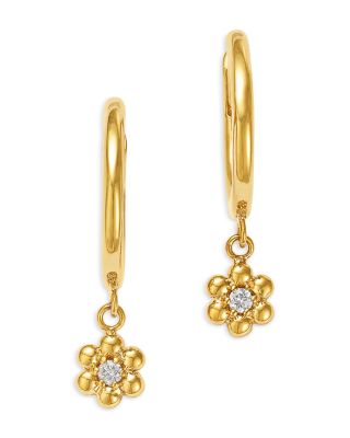 Zoë Chicco - 14K Yellow Gold Prong Diamonds Flower Dangle Huggie Hoop Earrings