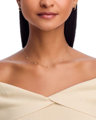 14K Yellow Gold Prong Diamonds Tiny Bead Flower Collar Necklace, 14-16"