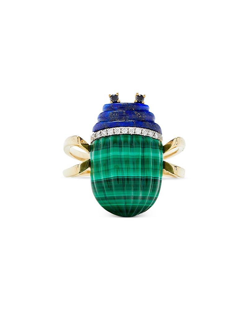 Yvonne Léon 9k Yellow Gold Malachite, Lapis Lazuli & Gray And Black Diamond Scarabee Scarab Ring In Gold/blue