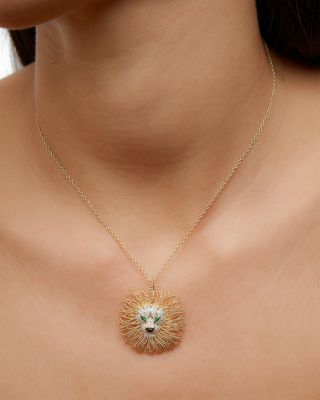 9K Yellow Gold Collier Broche Lion D'ors OJ Tsavorite, Onyx & Gray Diamond Pendant Necklace, 14.96"-16.53" 