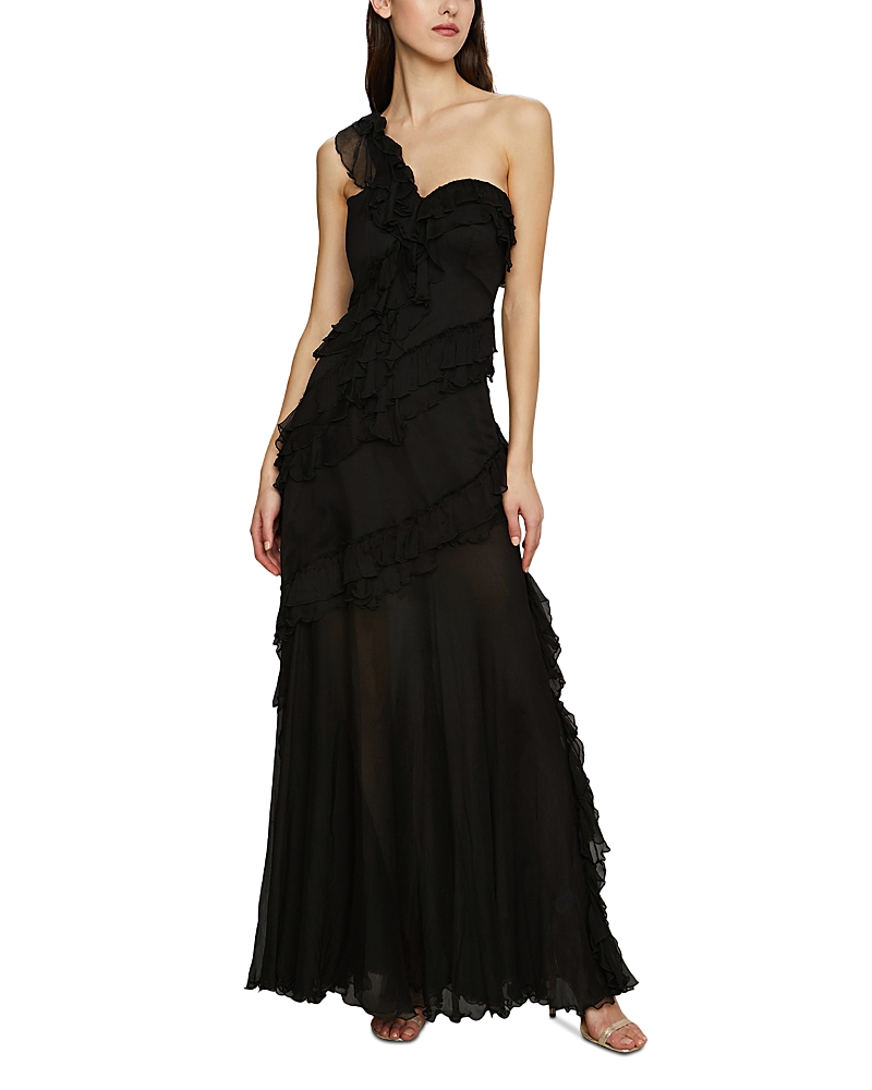 Amur One-shoulder Ruffled Silk Illusion Gown In Black