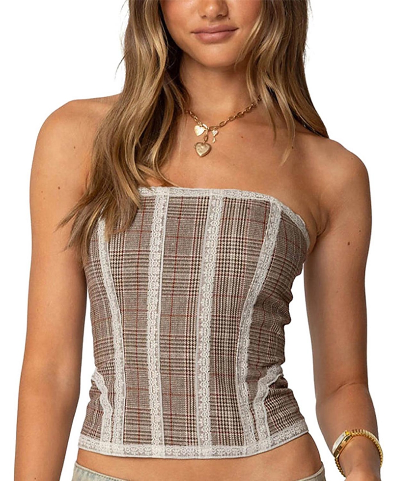 Edikted Jaiden Plaid Strpless Corset Top In Brown