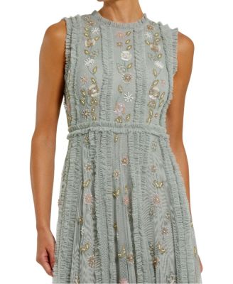 Mac Duggal Floral Mesh Sleeveless A-line Micro Ruffle Gown