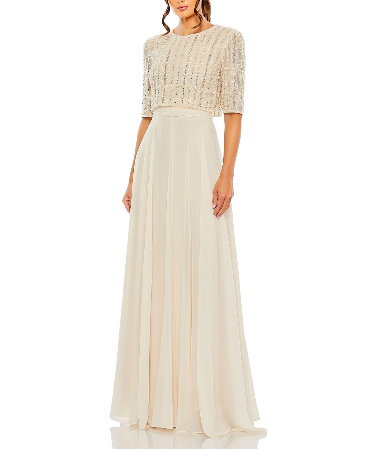 Mac Duggal Beaded 3/4 Sleeve Chiffon Gown