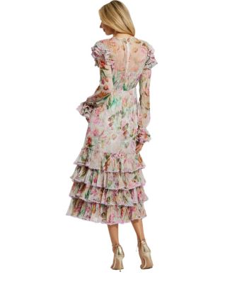 Long Sleeve Tie Neck Ruffle Detail Floral Dress