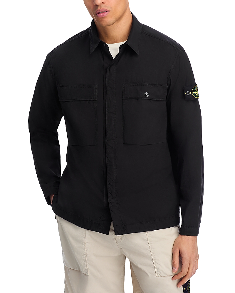 Stone Island Compass-patch Zip-up Overshirt In Black