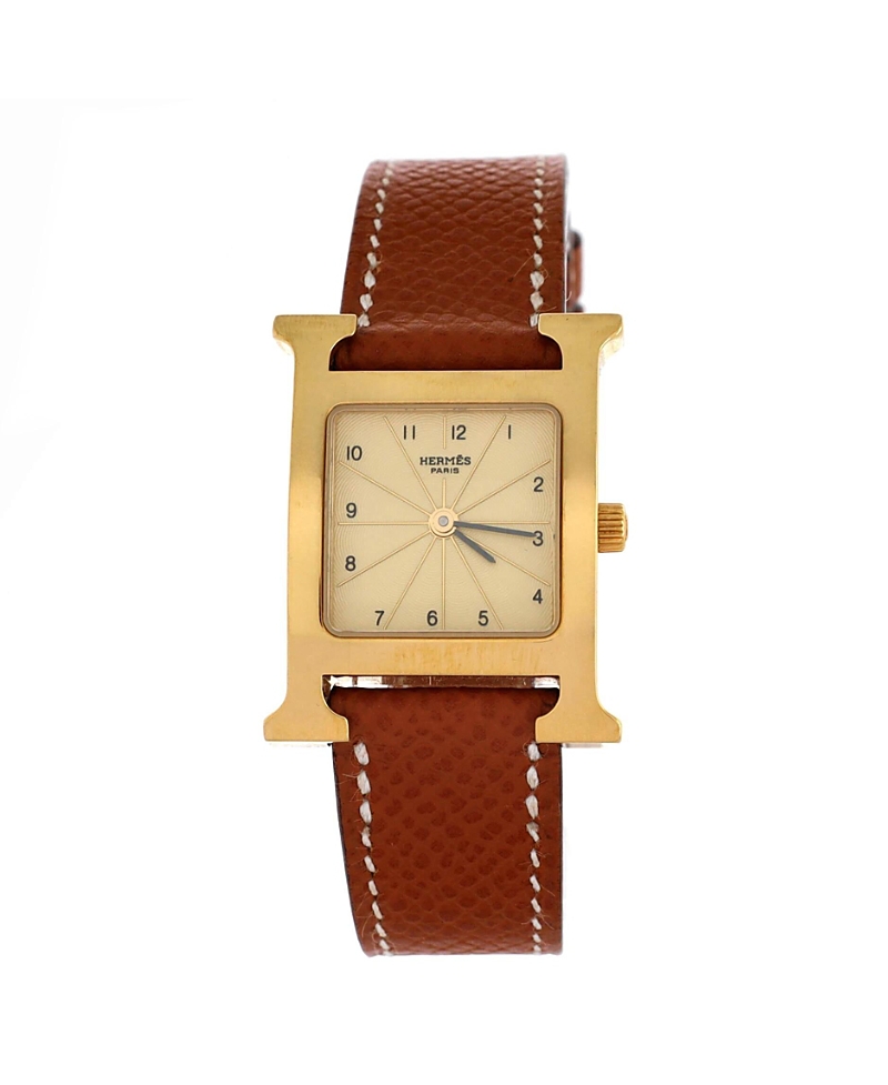 Pre-owned Pre-owned Hermes Hermes Heure H Quartz Watch In Plated Metal And Leather 21mm In Dial Color: Gold