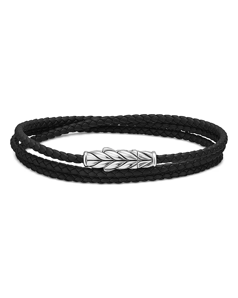 David Yurman Chevron Triple Wrap Bracelet in Black Leather with Sterling Silver, 3mm