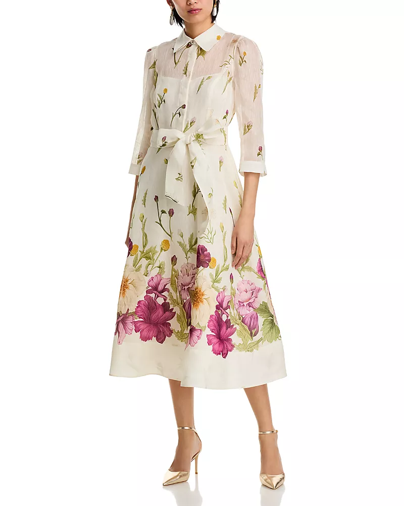 Teri Jon by Rickie Freeman Silk And Linen Flower Border Print Shirt Waist Dress