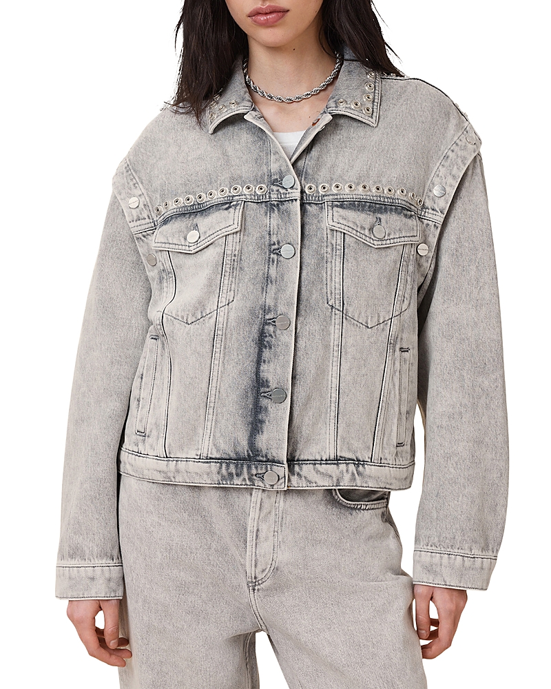 Allsaints Womens Washed Grey Chlo Stud-embellished Denim Jacket