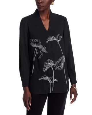 Misook - Embroidered V Neck Blouse