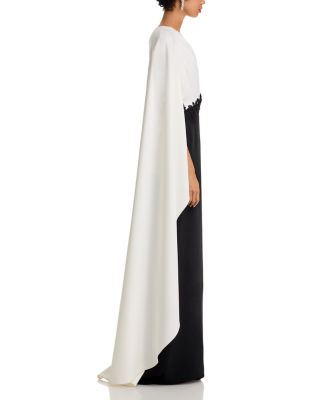 Crepe One Shoulder Drape Sleeve 3D Trim Gown