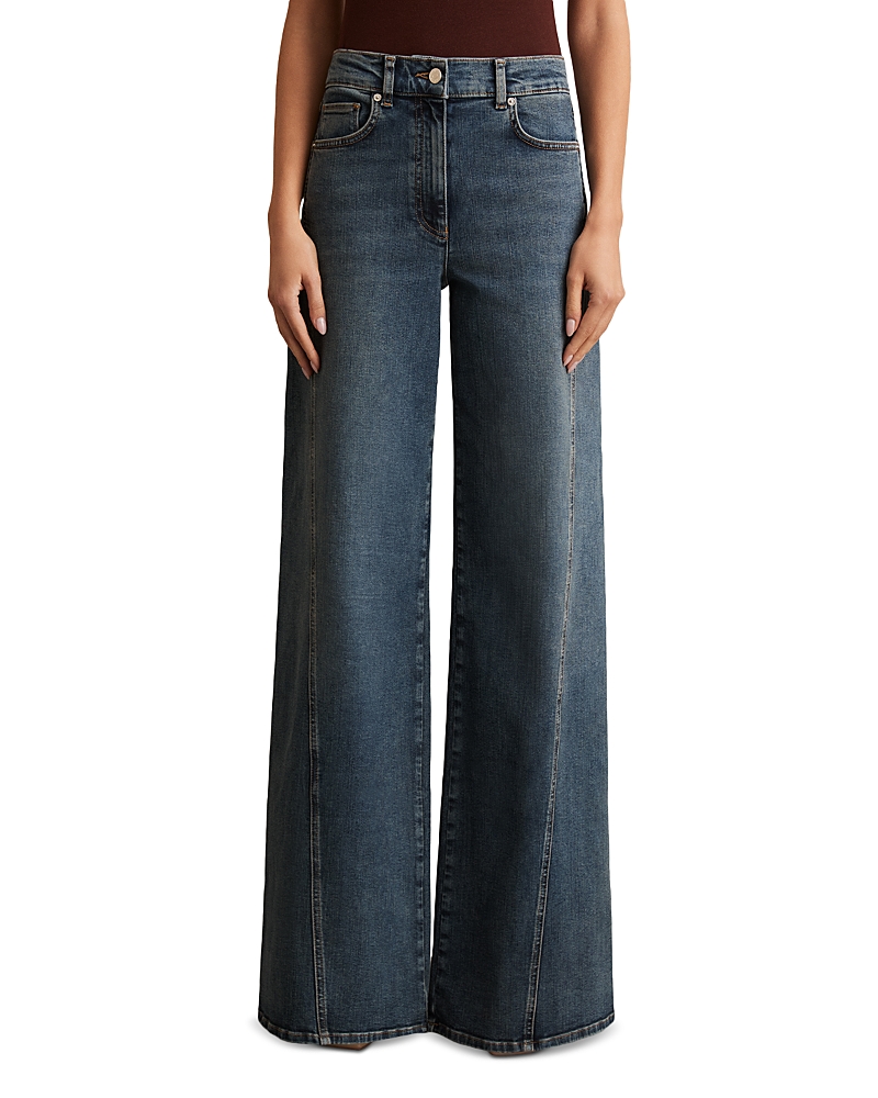 Shop Reiss Twisted Seam Wide Leg Jeans In Mid Blue