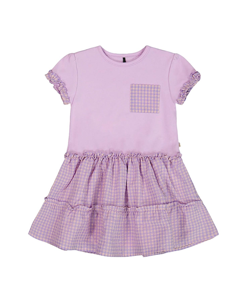 Deux Par Deux Girls' Bi-material Dress With Ruffle Gingham Skirt - Baby In Lilac And White