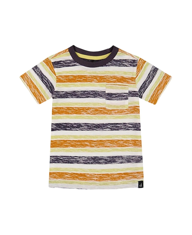Deux Par Deux Boy's Printed Organic Cotton Tee Navy Striped, Orange, And Lime Green In Navy Striped/orange