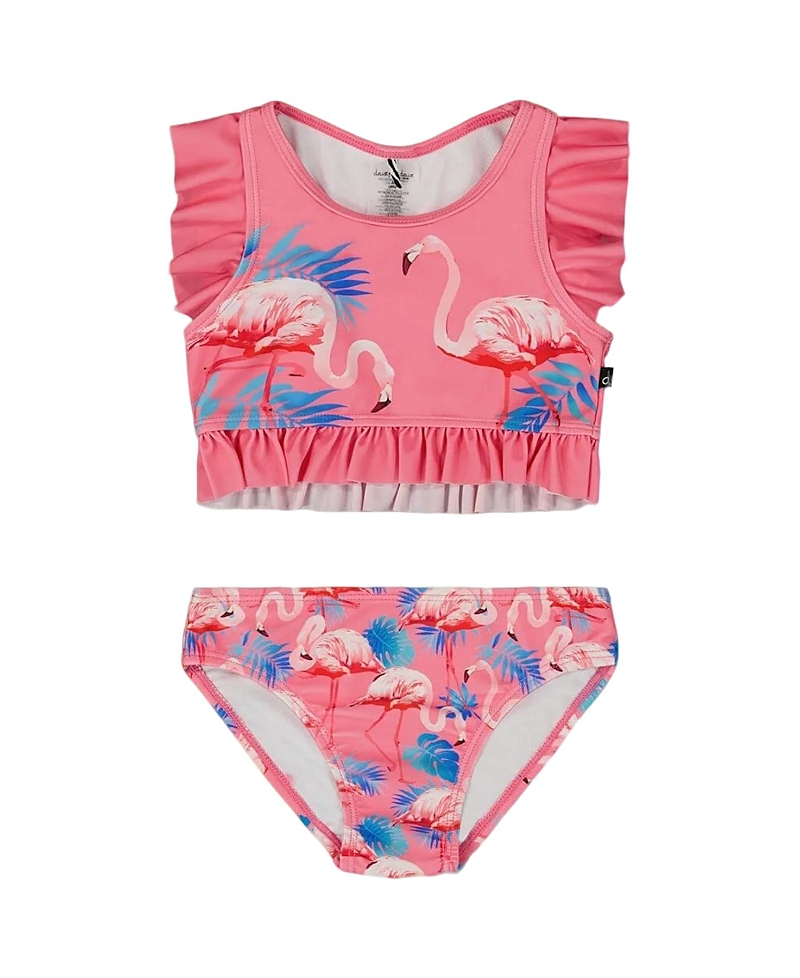 Deux Par Deux Girls' Printed Two-piece Swimsuit With Frills - Little Kid In Candy Pink And Pink Flamingo